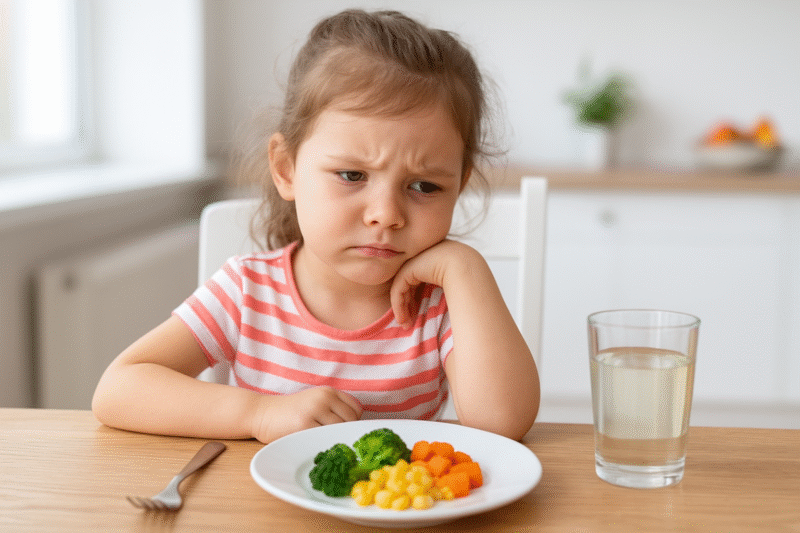 Dziewczynka siedząca przy stole i niechętnie patrząca na talerz z warzywami.