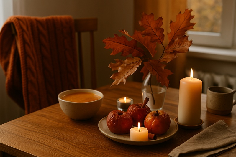 Jesienny stół w domowej kuchni z zupą dyniową, pieczonymi jabłkami, świecami i liśćmi w ciepłym, przytulnym wnętrzu