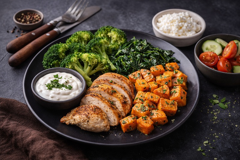 Lekka i sycąca kolacja z kurczakiem, warzywami i jogurtem naturalnym podana na ciemnym talerzu, ilustrująca zdrowy posiłek na wieczór