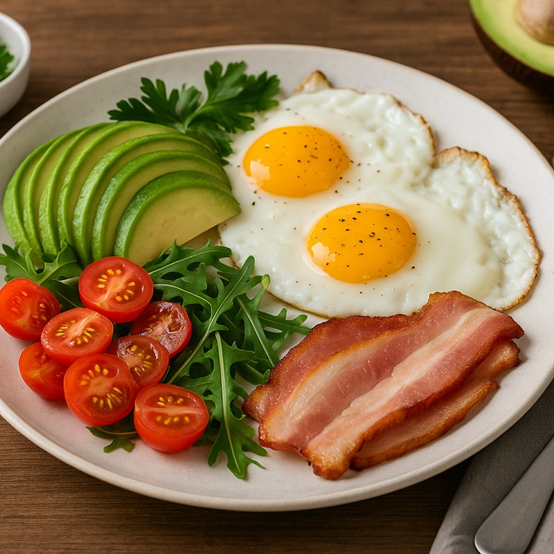 Śniadanie białkowo-tłuszczowe z jajkami sadzonymi, awokado, boczkiem i świeżymi warzywami na talerzu, podane w naturalnym świetle