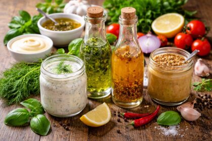 Domowe sosy i dressingi w szklanych słoikach na drewnianym stole, otoczone świeżymi ziołami, cytryną, czosnkiem i przyprawami