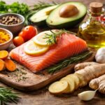 Kuchnia przeciwzapalna – świeży filet z łososia, kurkuma, imbir, oliwa z oliwek i warzywa ułożone na drewnianym stole