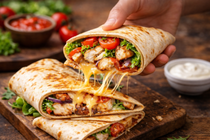 Tortilla z kurczakiem i roztopionym serem trzymana w dłoni na drewnianej desce