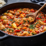 Aromatyczne danie jednogarnkowe z kurczakiem i warzywami w dużym garnku