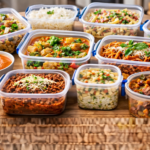 przygotowane posiłki na dwa dni w pojemnikach kuchennych, różne dania gotowe do przechowywania w lodówce