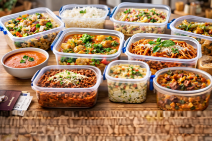 przygotowane posiłki na dwa dni w pojemnikach kuchennych, różne dania gotowe do przechowywania w lodówce