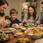 Rodzina jedząca wspólną kolację przy stole z różnymi daniami