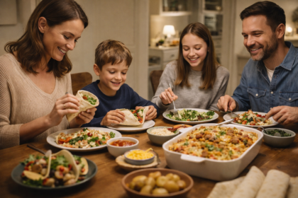 Rodzina jedząca wspólną kolację przy stole z różnymi daniami