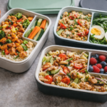 Lunchboxy z różnymi posiłkami do pracy — ryż, makaron, sałatki i warzywa