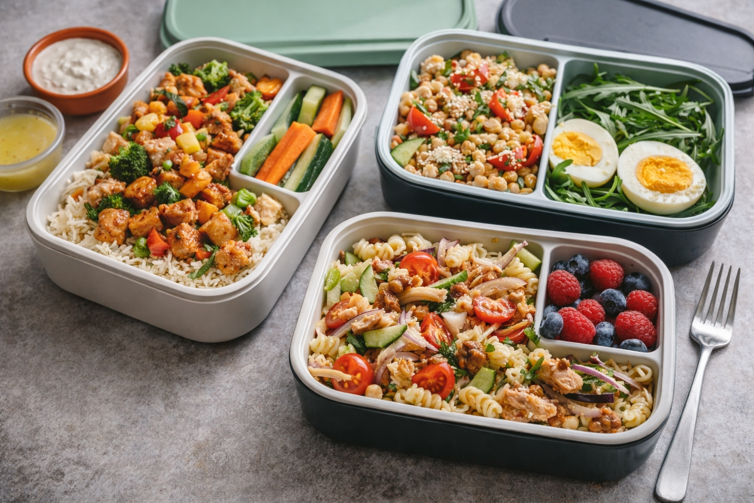 Lunchboxy z różnymi posiłkami do pracy — ryż, makaron, sałatki i warzywa