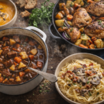 Sycący zimowy obiad z gulaszem, ziemniakami i gorącą zupą na stole