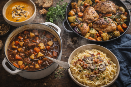 Sycący zimowy obiad z gulaszem, ziemniakami i gorącą zupą na stole