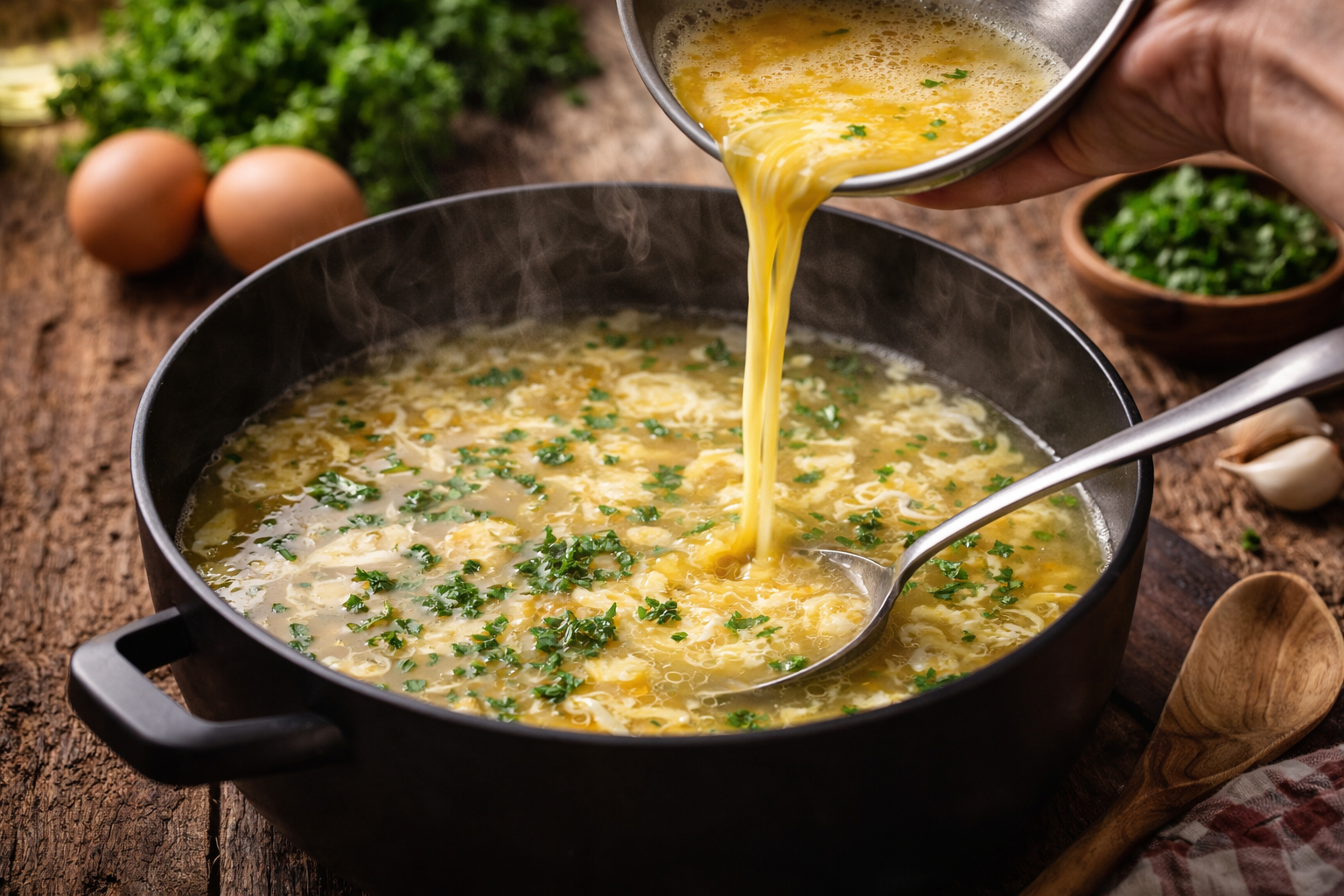 Wlewanie roztrzepanych jajek do gorącego bulionu w garnku