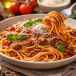 talerz spaghetti bolognese z mięsem mielonym i sosem pomidorowym