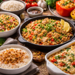 Różne dania z ryżu — smażony ryż, zapiekanka i ryż na słodko na stole