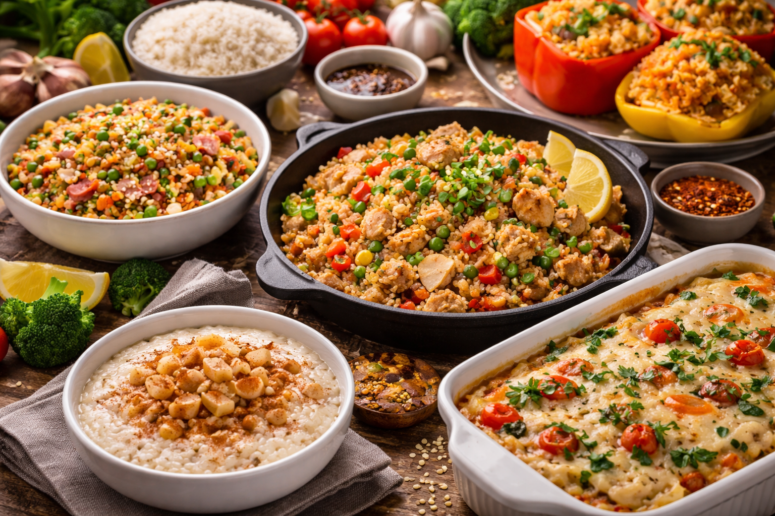 Różne dania z ryżu — smażony ryż, zapiekanka i ryż na słodko na stole