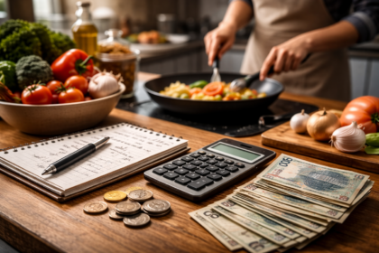 Kalkulator i pieniądze na blacie kuchennym podczas przygotowywania posiłku symbolizujące koszty domowego gotowania