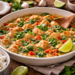 kurczak w sosie kokosowym bez laktozy podany z ryżem