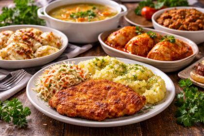 tradycyjny polski obiad schabowy ziemniaki i surówka