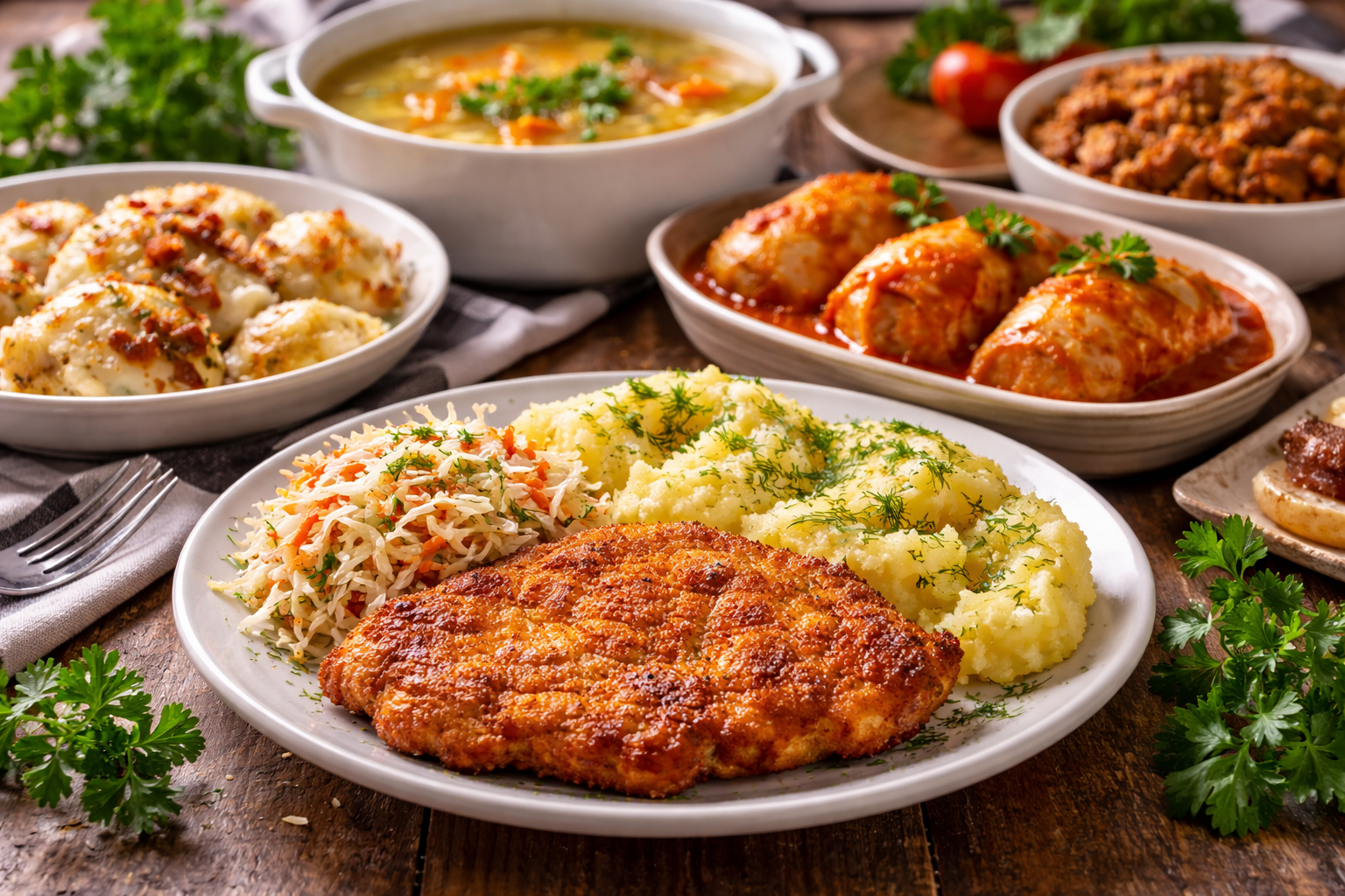 tradycyjny polski obiad schabowy ziemniaki i surówka