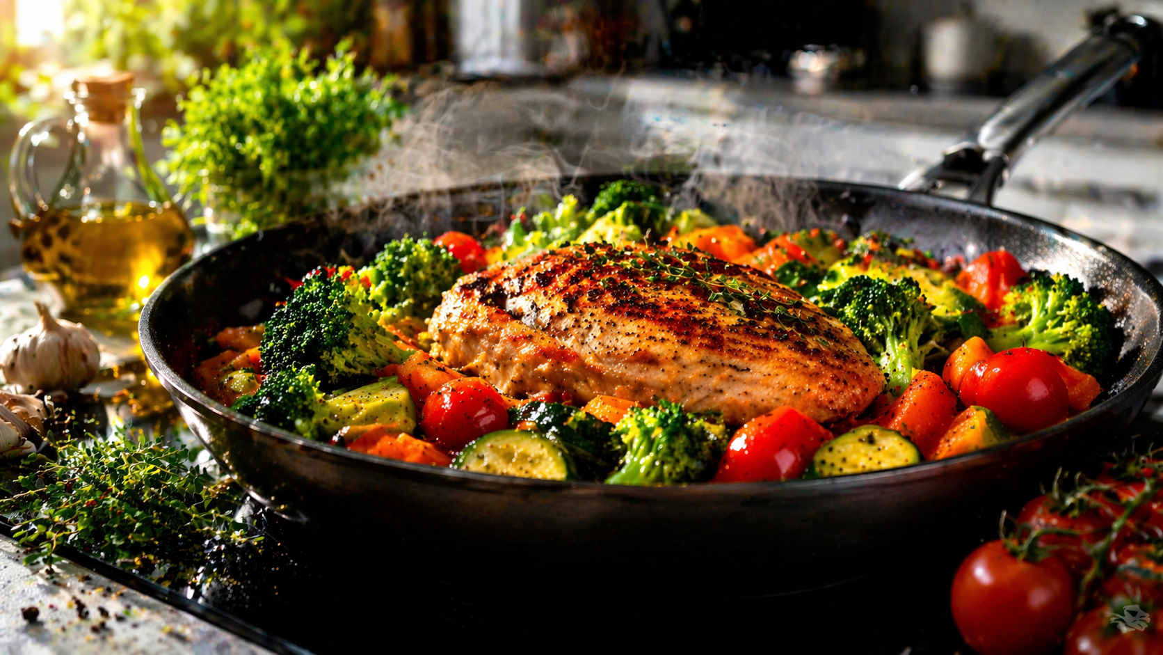 zdrowe gotowanie warzywa i mięso na patelni świeże składniki